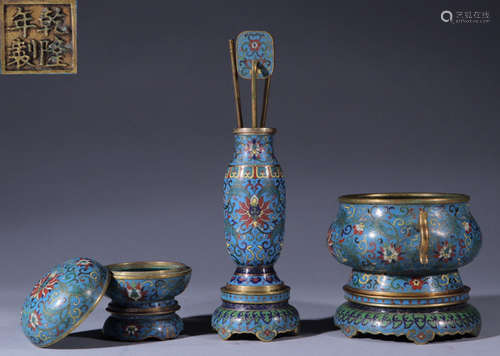 SET OF CLOISONNE FLORAL PATTERN VASE&CENSERS