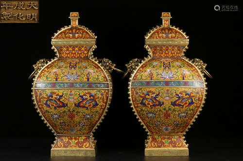 PAIR OF CLOISONNE CASTED DRAGON PATTERN VASES