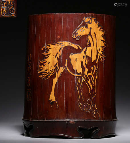 A BAMBOO BRUSH POT CARVED WITH HOUSE