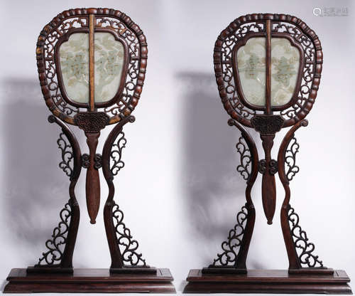 PAIR OF SUANZHI WOOD WITH HETIAN JADE SCREENS