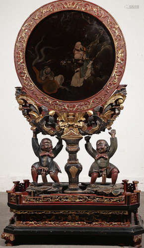 A LACQUER SCREEN CARVED WITH FIGURE