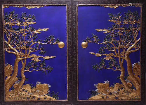 A LACQUER WITH GILT BRONZE&JASPER TREE PATTERN SCREEN