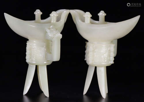 PAIR OF HETIAN JADE CARVED JUE CUPS