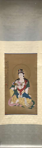 A GUANYIN BUDDHA VERTICAL AXIS PAINTING BY ZHANG DAQIAN