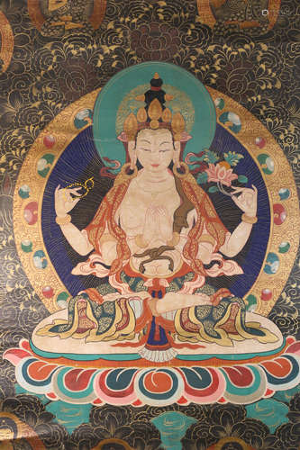 A GUANYIN BUDDHA WITH MULTIPLE HANDS THANGKA