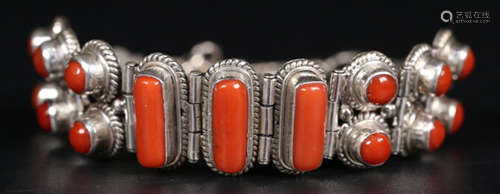 A SILVER CASTED BRACELET WITH CORAL