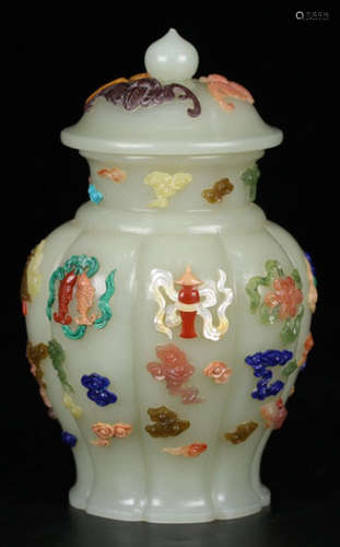 A HETIAN JADE CARVED JAR WITH GOLD&GEM