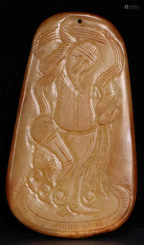 A YELLOW JADE CARVED FIGURE PATTERN TABLET