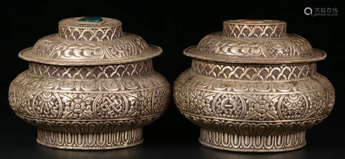 PAIR OF SILVER AUSPICIOUS PATTERN JARS WITH AGATE