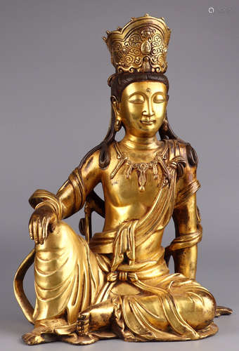 A GILT BRONZE CARVED ZIZAI GUANYIN BUDDHA