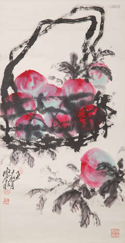 A CHINESE PEACH PAINTING SCROLL, SONG YUJIA MARK