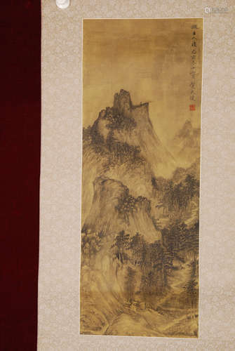 A CHINESE LANDSCAPE PAINTING SILK SCROLL, HE TIANJIAN MARK