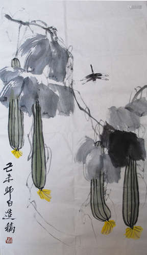 A CHINESE TOWEL GOURD PAINTING, LOU SHIBAI MARK