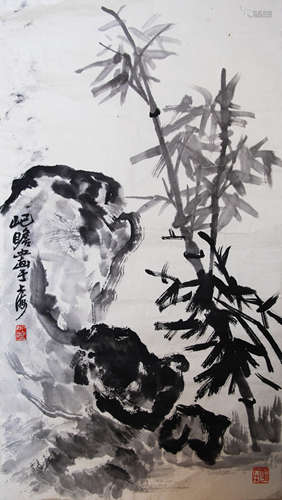 A CHINESE BAMBOO AND STONE PAINTING, ZHU QIZHAN MARK