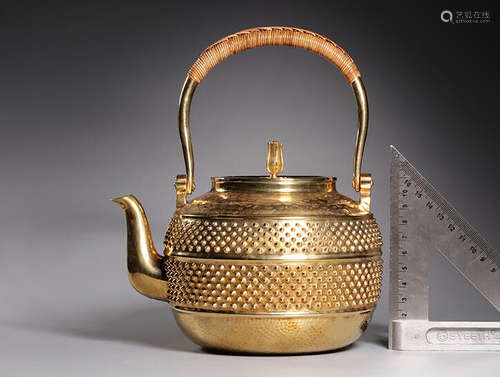 JAPANESE GILT SILVER CAST AND CARVED TEAPOT WITH LIFTING HANDLE