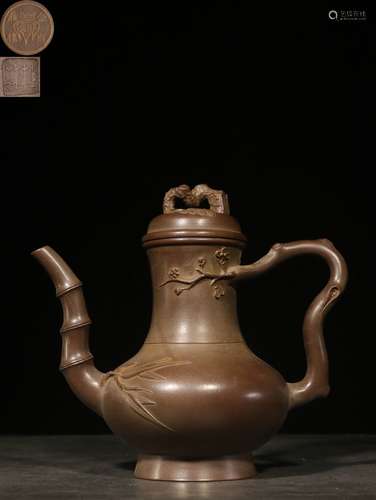 YIXING ZISHA CARVED 'BAMBOO' SHAPED TEAPOT