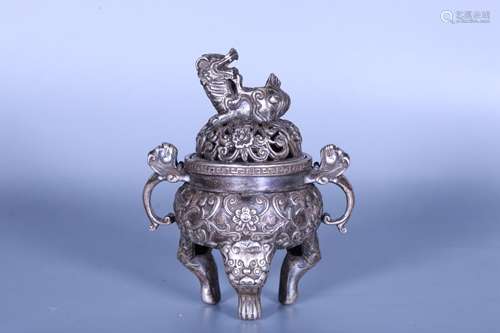 SILVER CAST AND CARVED 'MYTHICAL BEAST' TRIPOD CENSER WITH LID AND HANDLES