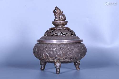 SILVER CAST AND CARVED 'MYTHICAL BEAST' TRIPOD CENSER WITH LID