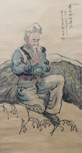 A CHINESE FIGURE PAINTING SCROLL, LIU WENXI MARK