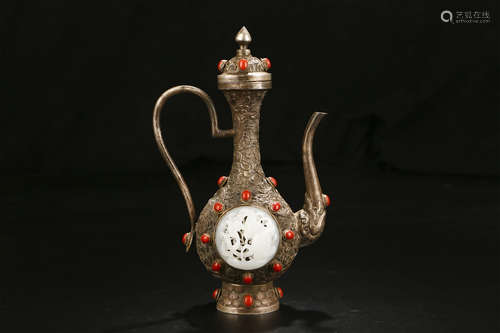 A CHINESE SILVER HETIAN JADE INLAID WINE POT