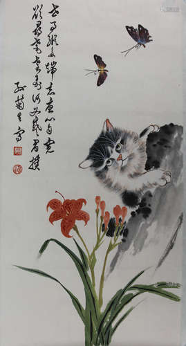 A CHINESE CAT AND BUTTERFLY PAINTING, SUN JUSHENG MARK