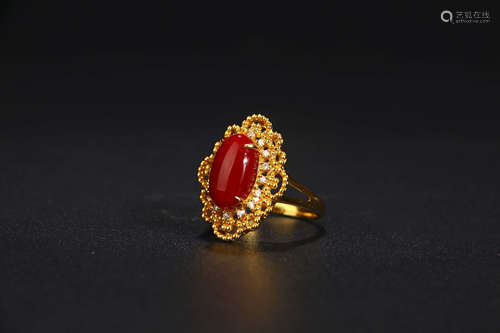 A CHINES GOLD CORAL RING