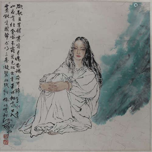 A CHINESE FIGURE PAINTING SCROLL,HE JIAYING MARK