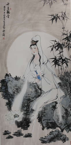 A CHINESE GUANYIN PAINTING SCROLL,BAI BOHUA MARK