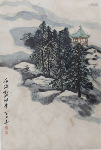 A CHINESE LANDSCAPE PAINTING SCROLL, HE HAIXIA MARK