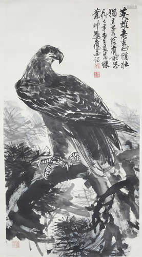 A CHINESE EAGLE PAINTING SCROLL, HUANG ZHOU MARK