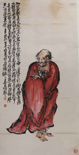 A CHINESE ARHAT PAINTING SCROLL,WU CHANGSHUO MARK