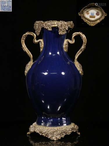 A CHINESE COPPER COATING RELIEF ALTAR BLUE GLAZED PORCELAIN VASE