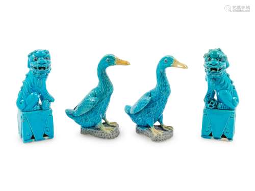 Two Pairs of Chinese Turquoise Glazed Porcelain Figures
