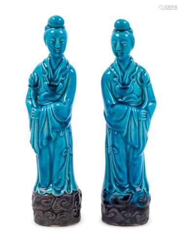 A Pair of Chinese Turquoise Glazed Porcelain Figures of