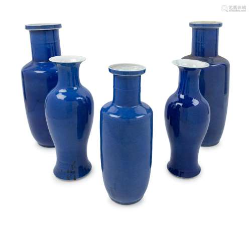 Five Chinese Blue Glazed Porcelain Vases Height of
