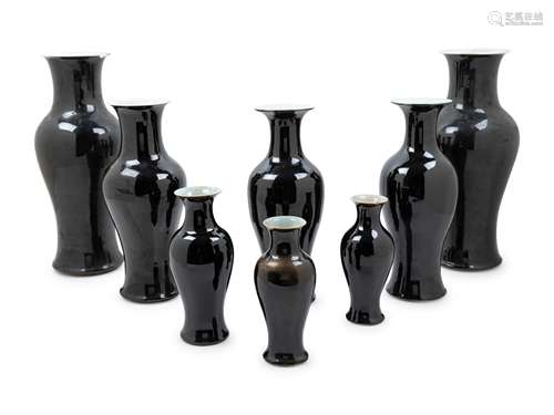 Eight Chinese Mirror Black Glazed Porcelain Vases