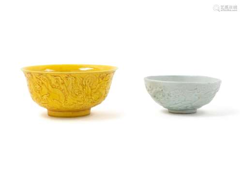 Two Chinese Monochrome Glazed Molded Porcelain Bowls