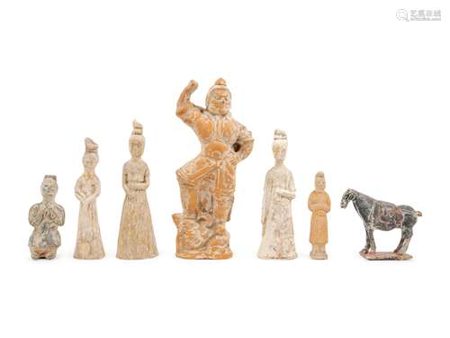 A Group of Seven Chinese Pottery Figures Height of