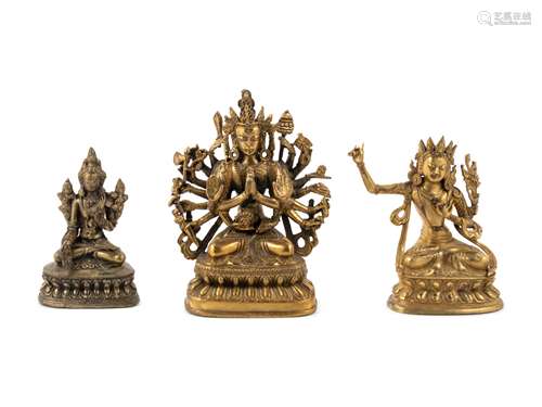 Three Sino-Tibetan Gilt Bronze Tara Figures Height of