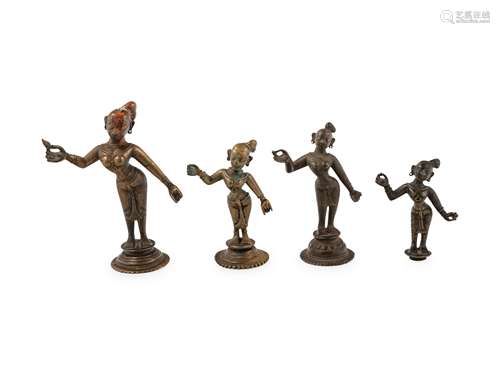 Four Indian Bronze Figures of Dancing Deities Height of