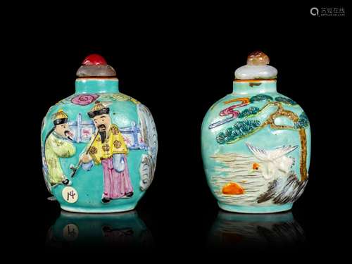 Two Chinese Enameled and Molded Porcelain Snuff Bottles