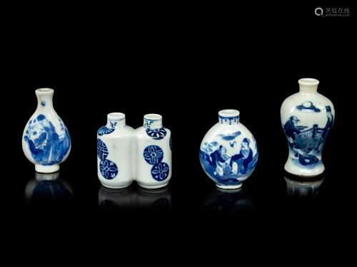 Four Chinese Blue and White Porcelain Snuff Bottles