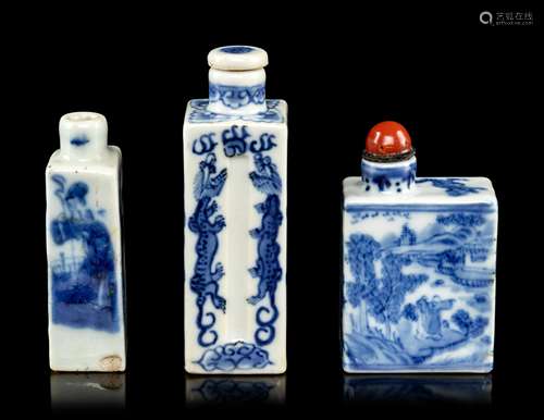 Three Chinese Blue and White Rectangular Form Snuff