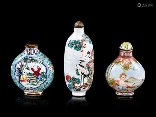 Three Chinese Canton Enamel on Copper Snuff Bottles