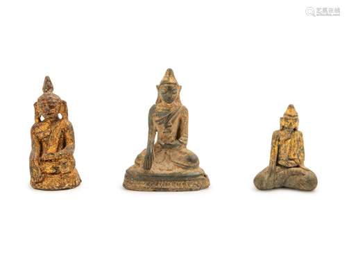 Three Thai Parcel-Gilt Bronze Figures of Buddha Height