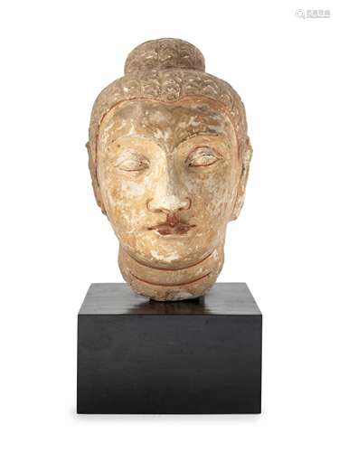 A Cambodian Style Painted Stone Head of Buddha Height