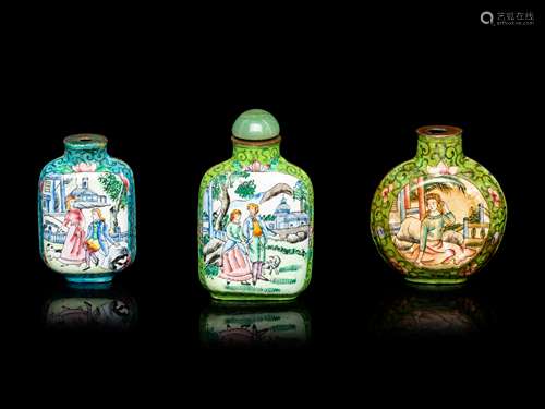 Three Chinese Canton Enamel on Copper Snuff Bottles