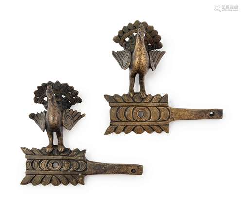 A Pair of Southeast Asian Bronze Peacock-Form Fixtures