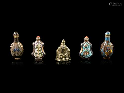 Five Chinese Metal Snuff Bottles Height of tallest 3