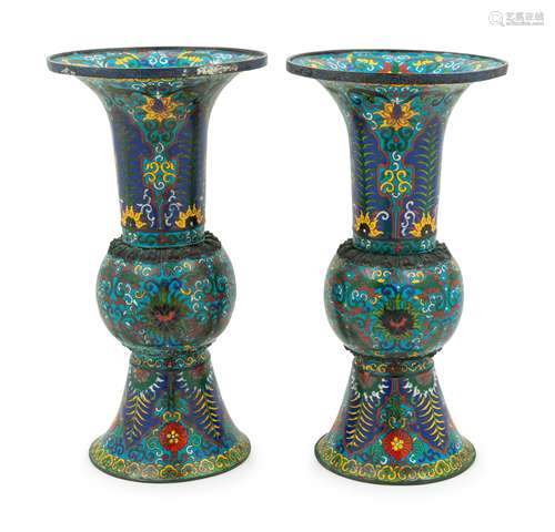 A Pair of Chinese Cloissone Enamel Gu Vases Height 14